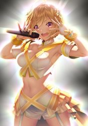 Rule 34 | 1girl, :d, ahoge, armpits, arms up, backlighting, bare shoulders, black background, blonde hair, breasts, cleavage, commentary request, cowboy shot, crop top, detached collar, fingernails, garter straps, gradient background, hair between eyes, hair flaps, hair ornament, hairclip, highres, holding, holding microphone, ibuki tsubasa, idolmaster, idolmaster million live!, light rays, looking at viewer, medium breasts, microphone, midriff, nanaran, navel, open mouth, overskirt, pink eyes, shirt, short hair, short sleeves, shorts, smile, solo, standing, stomach, teeth, upper teeth only, white background, white shirt, white shorts, wrist cuffs