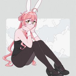 Rule 34 | 1girl, ahoge, animal ears, bad id, bad twitter id, black footwear, black leotard, black pantyhose, bow, bowtie, cloud, detached collar, double bun, fake animal ears, full body, glasses, grey background, hair bun, kantai collection, leotard, looking at viewer, makigumo (kancolle), mary janes, necktie, ojipon, pantyhose, pink hair, playboy bunny, rabbit ears, rabbit tail, red neckwear, shoes, simple background, sitting, solo, strapless, strapless leotard, tail, twintails, wrist cuffs, yellow eyes