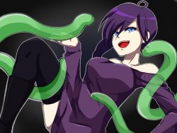 Rule 34 | 1girl, bare shoulders, black background, blue eyes, boots, breasts, consensual tentacles, dark background, long hair, off-shoulder, off-shoulder sweater, off shoulder, purple hair, simple background, sweater, tentacles, thighhighs, zone-tan