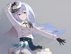 Rule 34 | 1girl, aqua eyes, arm up, bang dream!, black gloves, black ribbon, blue capelet, buttons, capelet, commentary, cowboy shot, earrings, floating cape, frilled hat, frilled shirt collar, frills, gloves, gradient background, grey background, hair between eyes, hand on headwear, hand up, hat, highres, jacket, jewelry, kurata mashiro, layered skirt, light particles, long sleeves, looking at viewer, medium hair, neck ribbon, nuenue, outstretched arm, parted lips, peaked cap, ribbon, silver hair, skirt, solo, standing, tassel, tilted headwear, v-shaped eyebrows, white capelet, white hat, white jacket, white skirt