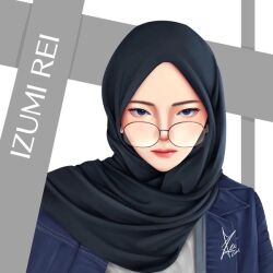 Rule 34 | 1girl, blue eyes, blue jacket, eyelashes, female focus, glasses, hijab, jacket, lips, looking at viewer, name tag, profile, signature, simple background