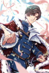 Rule 34 | 1boy, :d, artem wing (tears of themis), artist name, blue eyes, blue jacket, brown hair, cape, confetti, grin, haru miteinatsu, highres, holding, holding sword, holding weapon, jacket, long sleeves, looking at viewer, military, military jacket, military uniform, open mouth, red cape, saber (weapon), sheath, sheathed, short hair, smile, solo, sword, tears of themis, uniform, upper body, weapon, white background