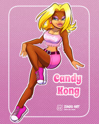 Rule 34 | 1girl, ape, artist name, blonde hair, blue eyes, breasts, candy kong, cleavage, donkey kong (series), earrings, furry, furry female, highres, isagu art, jewelry, large breasts, leg up, midriff, monkey girl, nintendo, shoes, shorts, smile, sneakers, tank top, thick lips