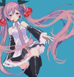 Rule 34 | 1girl, alternate color, alternate hair color, bare shoulders, black bow, black skirt, black thighhighs, blue background, blush, bow, closed mouth, detached sleeves, hair bow, hatsune miku, highres, long hair, long sleeves, microphone, necktie, p2 (uxjzz), pink hair, pink necktie, purple eyes, shirt, simple background, skirt, sleeveless, sleeveless shirt, sleeves past wrists, solo, thighhighs, twintails, very long hair, vocaloid, white shirt, wide sleeves, wing collar, zettai ryouiki