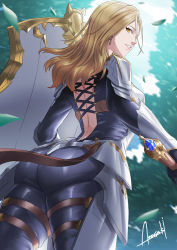 Rule 34 | 1girl, armor, artist name, ass, blonde hair, bodysuit, breasts, from behind, from below, gauntlets, huge ass, kisara (tales), long hair, looking at viewer, looking back, parted lips, shield, shiny clothes, sideboob, skin tight, smile, solo, sword, tales of (series), tales of arise, thick thighs, thighs, weapon