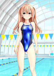 Rule 34 | 1girl, absurdres, black one-piece swimsuit, blue one-piece swimsuit, breasts, brown eyes, character name, competition swimsuit, covered navel, highleg, highleg swimsuit, highres, indoors, johnston (kancolle), kantai collection, light brown hair, long hair, multicolored clothes, multicolored swimsuit, one-piece swimsuit, poolside, small breasts, solo, standing, star (symbol), swimsuit, takafumi, two side up