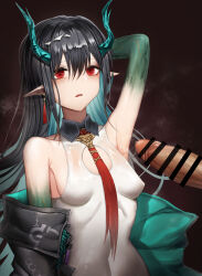 Rule 34 | 1boy, 1girl, absurdres, arknights, arm up, armpit sex, armpits, bare shoulders, black coat, black hair, blue hair, blush, breasts, coat, colored inner hair, covered navel, cum, cum on armpit, cum string, dusk (arknights), earrings, empty eyes, hetero, highres, jewelry, long hair, multicolored hair, necktie, off shoulder, onedr, open clothes, open coat, open mouth, pointy ears, red eyes, red necktie, small breasts, solo focus, steaming body, two-tone hair, upper body, very long hair