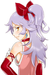 Rule 34 | 1girl, adelle (fft), blush, bow, breasts, choker, detached sleeves, earrings, final fantasy, final fantasy tactics a2, final fantasy tactics advance, from behind, hair bow, hand on own hip, hip focus, jewelry, long hair, looking back, no bra, ponytail, purple hair, ribbon, sato iori, sideboob, sleeveless, small breasts, smile, solo, yellow eyes