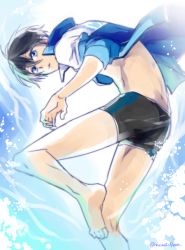 Rule 34 | 1boy, aoi tomomi, ass, barefoot, black hair, black jammers, black male swimwear, blue eyes, blue jacket, foot out of frame, from below, high speed!, jacket, jammers, looking at viewer, male focus, male swimwear, nanase haruka (free!), open clothes, open jacket, signature, swimsuit