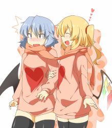 Rule 34 | 2girls, ^^^, alternate costume, arm grab, bad id, bad pixiv id, bat wings, black legwear, blonde hair, blue hair, blush, eiri (eirri), closed eyes, fang, female focus, flandre scarlet, hair ribbon, heart, heart print, long sleeves, multiple girls, naked sweater, open mouth, remilia scarlet, ribbon, scarf, shared clothes, shared scarf, siblings, side ponytail, sisters, smile, sweater, thighhighs, touhou, white background, wings, zettai ryouiki