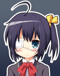 Rule 34 | 10s, 1girl, ahoge, black hair, blue eyes, bow, bowtie, chuunibyou demo koi ga shitai!, expressionless, eyepatch, grey background, hair ornament, karaage3, long sleeves, looking at viewer, outline, red bow, red bowtie, school uniform, side ponytail, simple background, solo, takanashi rikka, upper body, white outline, yellow bow