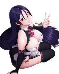 Rule 34 | 1girl, adapted costume, amase (yagami666), black gloves, black thighhighs, breasts, cleavage, elbow gloves, fate/grand order, fate (series), gloves, highres, large breasts, long hair, looking at viewer, looking up, minamoto no raikou (fate), purple eyes, purple hair, simple background, sitting, smile, solo, thighhighs, v, white background