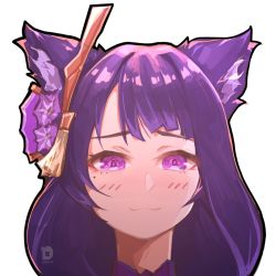 Rule 34 | 1girl, blush, closed mouth, commentary, deka yo, english commentary, flower, genshin impact, hair flower, hair ornament, highres, long hair, looking at viewer, mole, mole under eye, portrait, purple eyes, purple flower, purple hair, raiden shogun, simple background, smile, solo, tassel, white background