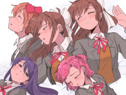 Rule 34 | 4girls, bed, bed sheet, blazer, blush, bow, brown hair, brown jacket, closed mouth, doki doki literature club, closed eyes, hair ornament, hairclip, half-closed eyes, head on another&#039;s shoulder, jacket, leaning on person, long hair, lying, lying on person, monika (doki doki literature club), multiple girls, natsuki (doki doki literature club), on back, open mouth, pink hair, ponytail, purple eyes, purple hair, red bow, ribbon, sayori (doki doki literature club), school uniform, short hair, sleeping, sleeping on person, sweat, tsubobot, twintails, unconscious, waking up, white ribbon, yuri (doki doki literature club)