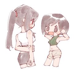 Rule 34 | 2girls, arm behind back, arms behind head, arms up, bare shoulders, black hair, black skirt, breasts, cowboy shot, crop top, cropped legs, cropped sweater, final fantasy, final fantasy vii, final fantasy vii rebirth, final fantasy vii remake, green sweater, hand on own arm, high ponytail, light blush, long hair, looking at another, medium breasts, midriff, miniskirt, multiple girls, navel, nitoya 00630a, open mouth, ponytail, red eyes, short hair, shorts, single sidelock, skirt, sleeveless, sleeveless turtleneck, small breasts, smile, sweater, tank top, tifa lockhart, turtleneck, turtleneck sweater, white background, white tank top, yuffie kisaragi