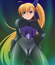 Rule 34 | 00s, 1girl, aged up, blonde hair, bodysuit, breasts, cameltoe, covered erect nipples, green eyes, hair ribbon, heterochromia, large breasts, long hair, lyrical nanoha, mahou shoujo lyrical nanoha, mahou shoujo lyrical nanoha strikers, narutaki shin, red eyes, ribbon, side ponytail, solo, vivio