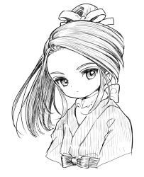Rule 34 | 1girl, commentary request, expressionless, fujibayashi suzu, greyscale, japanese clothes, kari (kakko k), kimono, looking at viewer, monochrome, ninja, ponytail, sketch, solo, tales of (series), tales of phantasia, upper body
