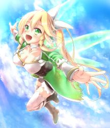 Rule 34 | 10s, 1girl, :d, asahi (ge nyu), black thighhighs, blonde hair, blush, braid, breasts, collarbone, flying, green eyes, highres, leafa, long hair, open mouth, outstretched arms, sky, smile, solo, sunlight, sword art online, thighhighs, twin braids, white thighhighs, wings