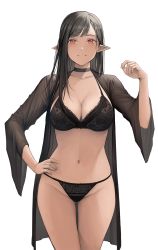 Rule 34 | 1girl, black bra, black choker, black hair, black panties, black shirt, bra, breasts, choker, cleavage, closed mouth, collarbone, cowboy shot, elf, groin, hand on own hip, hand up, highres, jchoy, lace, lace-trimmed bra, lace-trimmed panties, lace trim, large breasts, navel, open clothes, open shirt, original, panties, pointy ears, red eyes, shirt, simple background, smile, solo, standing, stomach, thighs, underwear, white background, wide sleeves