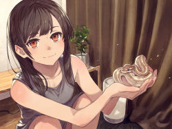 Rule 34 | 1girl, :3, animal, animal on hand, asymmetrical bangs, blunt bangs, brown eyes, brown hair, collarbone, commentary request, curtains, highres, holding, holding animal, indoors, kusano shinta, long hair, looking at viewer, original, pet, plant, pointy ears, snake, solo, squatting