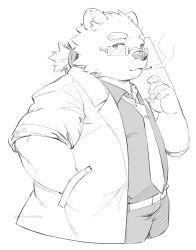 Rule 34 | 1boy, absurdres, animal ears, bara, bear boy, bear ears, belt, cigarette, collared shirt, commentary request, cropped legs, fat, fat man, furry, furry male, glasses, greyscale, hand in pocket, hand up, highres, holding, holding paper, lab coat, leib (housamo), looking at viewer, low ponytail, male focus, monochrome, muscular, muscular male, nakanakana, necktie, paper, semi-rimless eyewear, shirt, simple background, smoking, solo, thick eyebrows, tokyo houkago summoners, twitter username, upper body, white background