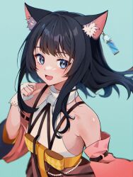 Rule 34 | 1girl, :d, absurdres, animal ear fluff, animal ears, atelier (series), atelier resleriana, awato, bare shoulders, black hair, blue background, blush, cat ears, cat girl, commentary, detached sleeves, earrings, english commentary, gloves, hand up, highres, izana kokoschka, jewelry, long hair, looking at viewer, open mouth, partially fingerless gloves, pink sleeves, ribbon, shirt, single earring, sleeveless, smile, solo, upper body, white gloves, white shirt, yellow ribbon