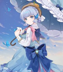 Rule 34 | 1girl, absurdres, ayaka (genshin impact), blue sky, blunt bangs, bow-shaped hair, braid, bug, butterfly, cloud, cloudy sky, commentary, english commentary, genshin impact, grey eyes, grey hair, hair ribbon, hat, highres, holding, holding letter, holding umbrella, insect, kamisato ayaka, kamisato ayaka (springbloom missive), letter, long hair, long sleeves, looking at viewer, mole, mole under eye, official alternate costume, official alternate hairstyle, outdoors, parasol, ribbon, scharamouch9, sidelocks, sky, smile, solo, straw hat, sun hat, tress ribbon, twin braids, umbrella, vision (genshin impact)