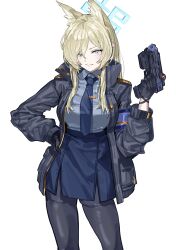 Rule 34 | 1girl, absurdres, animal ear fluff, animal ears, black gloves, black jacket, black pantyhose, blonde hair, blue archive, blue necktie, blue skirt, breasts, commentary, gloves, grey eyes, gun, hair between eyes, halo, handgun, highres, holding, holding gun, holding weapon, jacket, kanna (blue archive), kazukingu, large breasts, long hair, long sleeves, looking at viewer, necktie, open clothes, open jacket, pantyhose, sharp teeth, shirt, simple background, skirt, solo, teeth, weapon, white background