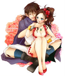 Rule 34 | 1boy, 1girl, :d, blue eyes, blush, bracelet, breasts, brown hair, cape, character name, cleavage, couple, deborah (dq5), dragon quest, dragon quest v, dress, earrings, english text, engrish text, closed eyes, flower, hair flower, hair ornament, hair up, hero (dq5), hetero, highres, husband and wife, icomemo, jewelry, mole, necklace, open mouth, ranguage, ring, rose, smile