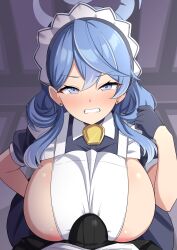 Rule 34 | 1boy, 1girl, ako (blue archive), areola slip, between breasts, blue archive, blue hair, blush, breasts, bulge, clenched teeth, embarrassed, erection, erection under clothes, from above, garukichi, grinding, highres, huge breasts, imminent paizuri, looking at viewer, maid, maid headdress, pov, sensei (blue archive), teeth