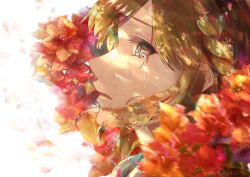 Rule 34 | 1girl, ayauchi, blue eyes, brown hair, crying, crying with eyes open, flower, highres, parted lips, portrait, profile, solo, tears, twitter username, violet evergarden, violet evergarden (series)