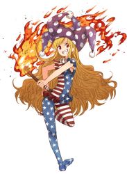 Rule 34 | 1girl, american flag dress, american flag legwear, blonde hair, clownpiece, fire, frilled shirt collar, frills, full body, grin, hat, holding, jester cap, leg up, long hair, no shoes, pantyhose, polka dot, red eyes, sharp teeth, short sleeves, simple background, smile, solo, striped clothes, striped pantyhose, teeth, torch, touhou, urin, very long hair, wavy hair, white background