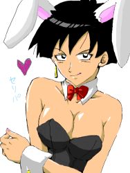 Rule 34 | 1girl, :q, animal ears, bare shoulders, black eyes, black hair, bow, bowtie, breasts, character name, cleavage, detached collar, dragon ball, dragonball z, earrings, fake animal ears, female focus, heart, jewelry, leotard, licking lips, looking at viewer, nail polish, pink nails, playboy bunny, rabbit ears, saiyan, seripa, short hair, smile, solo, tongue, tongue out, translated, wrist cuffs