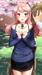 Rule 34 | 1girl, against tree, black ribbon, black skirt, blue shirt, blush, bow, breasts, cherry blossoms, cleavage, collarbone, cowboy shot, day, doukyuusei another world, game cg, hair bow, kabedon, long hair, long sleeves, looking at viewer, medium breasts, miniskirt, mole, mole under eye, neck ribbon, off-shoulder shirt, off shoulder, official art, open mouth, outdoors, pencil skirt, pink hair, red eyes, ribbon, shirt, side slit, skirt, spring (season), standing, swept bangs, thigh gap, tree, very long hair, yellow bow