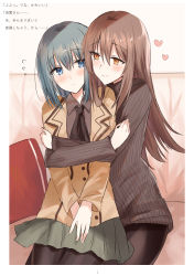 Rule 34 | 2girls, absurdres, black legwear, black neckwear, blue eyes, blue hair, blush, brown eyes, brown hair, brown jacket, brown shirt, brown sweater, closed mouth, collared shirt, couch, flying sweatdrops, green skirt, hair between eyes, heart, highres, jacket, kinona, long hair, long sleeves, multiple girls, on couch, original, pantyhose, pleated skirt, ribbed sweater, shirt, sitting, skirt, sleeves past wrists, smile, sweater, translation request, very long hair, yuri