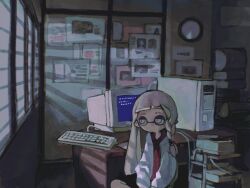 Rule 34 | 1girl, agent 3 (splatoon 3), blue screen of death, braid, cable, closed mouth, computer, desk, dr mice, eyebrow cut, highres, indoors, inkling, inkling girl, inkling player character, jacket, keyboard (computer), long hair, long sleeves, monitor, nintendo, open clothes, open jacket, pointy ears, side braid, sitting, solo, splatoon (series), splatoon 3, tentacle hair, white jacket, window, window blinds