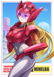 1girl aircraft armor blonde_hair blue_eyes bodysuit border breasts building character_name commentary_request covered_navel cowboy_shot ema_(emaura) female_focus gloves hand_on_own_hip helmet long_hair looking_at_viewer minerva_(transformers) mountain outdoors science_fiction sky smile solo standing transformers transformers_super-god_masterforce very_long_hair visor_(armor)