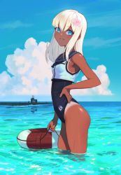 Rule 34 | 1girl, ass, bare arms, bare legs, bare shoulders, blue eyes, blue one-piece swimsuit, blue sky, clothes pull, cloud, commentary, crop top, day, flower, from side, hair flower, hair ornament, highres, kantai collection, lifebuoy, long hair, looking at viewer, ocean, one-piece swimsuit, one-piece swimsuit pull, one-piece tan, outdoors, pink flower, pulled by self, ro-500 (kancolle), ro-500 (submarine), sailor collar, school swimsuit, sky, smile, solo, standing, swim ring, swimsuit, swimsuit under clothes, tan, tanline, vertigris, wading, water, wet, white hair
