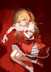 Rule 34 | 1girl, :/, absurdres, adjusting sleeves, blonde hair, bow, closed mouth, commentary request, eyelashes, flandre scarlet, full body, hair between eyes, hair bow, hair down, highres, kanta (pixiv9296614), long hair, looking at viewer, mary janes, petticoat, puffy short sleeves, puffy sleeves, red bow, red eyes, red footwear, red skirt, red vest, shirt, shoes, short sleeves, single shoe, skirt, slit pupils, socks, solo, touhou, vest, white shirt, white socks, wrist cuffs