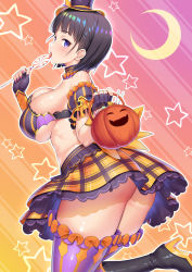 Rule 34 | 1girl, ass, bare shoulders, black hair, blush, boots, breasts, candy, food, frilled thighhighs, frills, halloween, hat, high heel boots, high heels, highres, holding, holding food, kawase seiki, kirigaya suguha, large breasts, licking, looking at viewer, nail polish, pink nails, plaid, plaid skirt, purple eyes, shiny skin, skirt, solo, sword art online, thighhighs, thighs