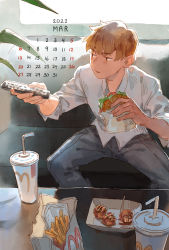 Rule 34 | 1boy, absurdres, black pants, blonde hair, brown eyes, burger, calendar (medium), commentary, controller, couch, cup, disposable cup, food, french fries, helenpeanut, highres, holding, holding food, holding remote control, long sleeves, looking to the side, male focus, mcdonald&#039;s, mob psycho 100, pants, reigen arataka, remote control, shirt, sitting, solo, symbol-only commentary, takoyaki, toothpick, white shirt
