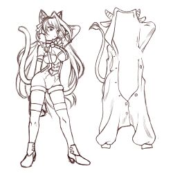 1girl animal_costume animal_ear_hairband animal_ears arm_behind_head arm_up banghwadongjopidi bell boots bow bowtie breasts cassie_(master_of_eternity) cat_ear_hairband cat_ears cat_tail cleavage commentary_request contrapposto cow_costume cow_horns detached_sleeves fake_animal_ears fake_tail hairband high_heels highres horns jingle_bell korean_commentary large_breasts lineart long_hair looking_at_viewer master_of_eternity neck_ribbon parted_lips partial_commentary partially_unbuttoned ribbon simple_background sketch solo tail thigh_boots unfinished very_long_hair white_background