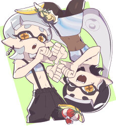 Rule 34 | 2girls, :o, ;d, baggy pants, bare shoulders, black hair, black pants, black pantyhose, blunt bangs, breasts, callie (splatoon), commentary request, cropped legs, earrings, fangs, food, food on head, fruit, gradient hair, green background, grey hair, highres, holographic clothing, inkling, jewelry, korean commentary, lemon, lemon slice, long hair, looking at viewer, marie (splatoon), medium hair, midriff, mole, mole under eye, multicolored hair, multiple girls, navel, nintendo, object on head, official alternate costume, official alternate hairstyle, one eye closed, open mouth, oyster, pants, pantyhose, pencil skirt, pink hair, pointy ears, rotational symmetry, shrimp, skirt, small breasts, smile, splatoon (series), splatoon 3, splatoon ac, strapless, suspenders, tentacle hair, thick eyebrows, tube top, twintails, two-tone hair, upside-down, very long hair, white tube top, zipper skirt