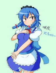 Rule 34 | 1girl, blue hair, blush, bow, braid, breasts, color switch, cosplay, cowboy shot, curvy, hinanawi tenshi, hinanawi tenshi (cosplay), izayoi sakuya, maid, maid headdress, manorea, medium breasts, red eyes, simple background, solo, touhou, translated, twin braids, wide hips
