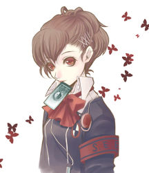 Rule 34 | aaya, atlus, bow, brown hair, bug, butterfly, card, card in mouth, headphones, insect, lowres, mouth hold, persona, persona 3, persona 3 portable, red eyes, ribbon, school uniform, shiomi kotone, solo