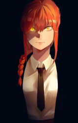 Rule 34 | 1girl, black background, black necktie, black suit, braid, braided ponytail, chainsaw man, closed mouth, collared shirt, formal, glowing, glowing eye, long hair, makima (chainsaw man), necktie, red hair, ringed eyes, shirt, solo, suit, under etchan, upper body, white shirt, yellow eyes