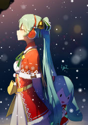 Rule 34 | 1girl, absurdres, aqua hair, arms behind back, bell, black bow, blurry, blush, bokeh, bow, breasts, capelet, christmas, closed eyes, closed mouth, commentary, corset, cowboy shot, depth of field, dress, dress bow, earmuffs, facing away, from side, fur-trimmed capelet, fur trim, green ribbon, hair bell, hair between eyes, hair ornament, hair ribbon, hatsune miku, highres, holding, holding stuffed toy, long hair, long sleeves, ly.t, neck ribbon, outdoors, red capelet, ribbed sleeves, ribbon, small breasts, snow, snowflake print, solo, stuffed toy, twintails, very long hair, vocaloid, white dress, yellow bow