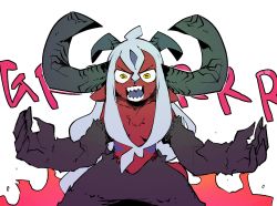 Rule 34 | 1girl, animal ears, baphomet (niking), borrowed character, commentary, cowboy shot, curled horns, ddari, demon girl, english commentary, fur, goat ears, goat horns, highres, horizontal pupils, horns, looking at viewer, monster girl, multiple horns, open mouth, original, outstretched arms, sharp teeth, simple background, solo, spread arms, standing, teeth, white background, yellow eyes