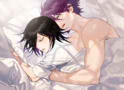 Rule 34 | 2boys, bed, bed sheet, black hair, closed eyes, commentary, danganronpa (series), danganronpa v3: killing harmony, facial hair, from side, goatee, lower teeth only, lying, male focus, momota kaito, multicolored hair, multiple boys, on (onon2659), on bed, on side, open mouth, oma kokichi, pillow, purple hair, shirt, short hair, short sleeves, sleeping, spooning, teeth, topless male, two-tone hair, upper body, upper teeth only, white shirt, yaoi