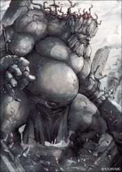 Rule 34 | beard, clenched teeth, commentary request, crack, facial hair, fat, fat man, fate/grand order, fate (series), full body, giant, k-suwabe, loincloth, monster, pillar, shattered, solo, spriggan (fate), standing, stone, stone pillar, sword, teeth, twitter username, weapon